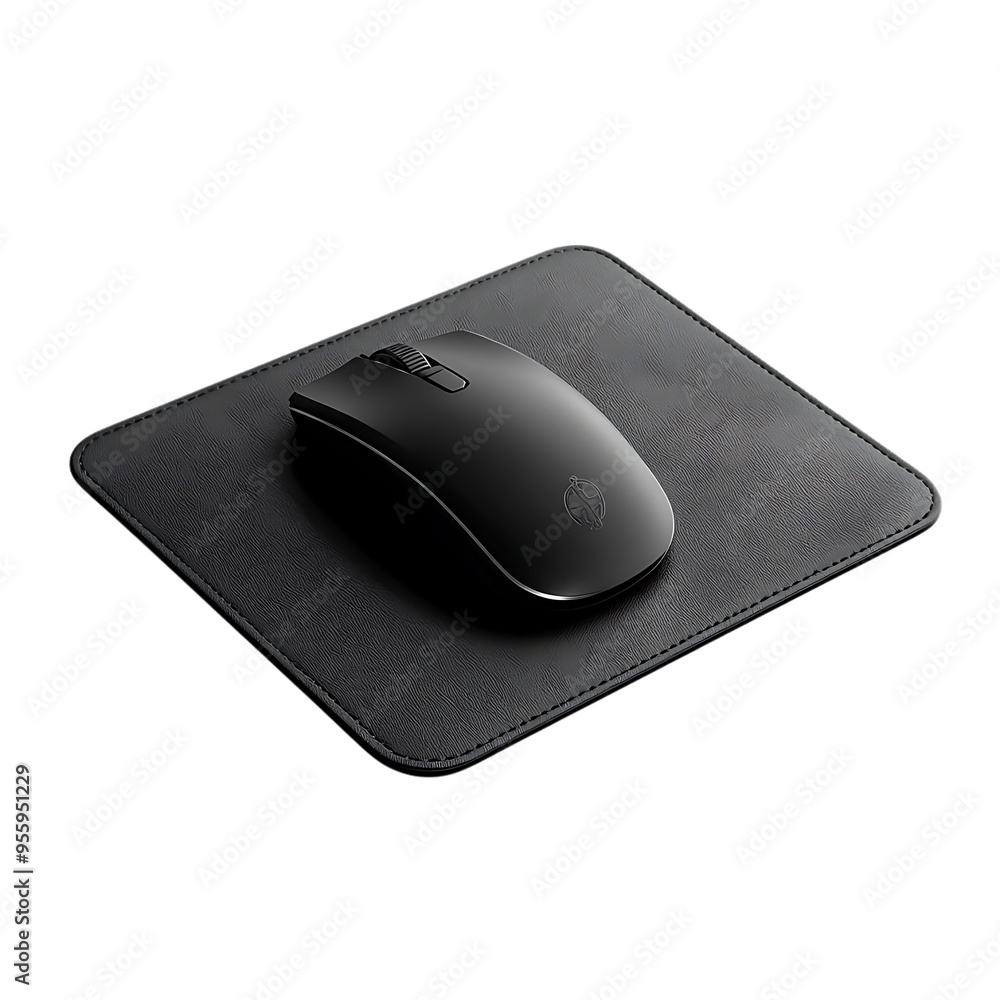 Black Wireless Mouse with Transparent Background on Leather Mousepad Black Wireless Mouse with Transparent Background on Leather Mousepad