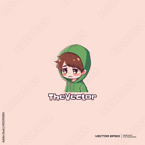 Sad boy wearing green hoodie logo, vector, mascot, character, cartoon, illustration, eps10