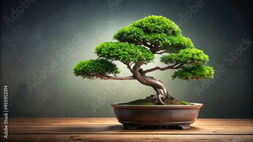 Bonsai tree with a unique S shape, symbolizing harmony and tranquility, Bonsai, tree, nature, art, Japanese, miniature, garden photo