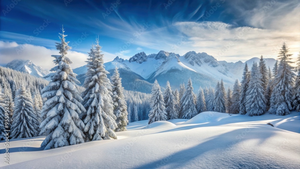 Fototapeta premium Snowy mountain landscape with trees covered in snow, winter, cold, frosty, scenic, white, frozen, serene, icy, snowy