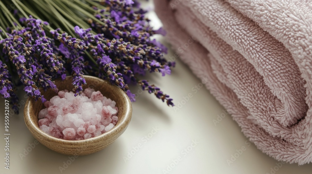 Lavender Spa Serenity: A tranquil still life featuring a bouquet of fragrant lavender blossoms, a bowl of pink Himalayan bath salts, and soft, plush towels. Lavender Spa Serenity: A tranquil still life featuring a bouquet of fragrant lavender blossoms, a bowl of pink Himalayan bath salts, and soft, plush towels.
