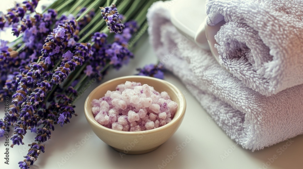 Lavender Spa Relaxation: A serene and inviting spa setting with fresh lavender blossoms, a bowl of lavender bath salts, and fluffy white towels. Lavender Spa Relaxation: A serene and inviting spa setting with fresh lavender blossoms, a bowl of lavender bath salts, and fluffy white towels.