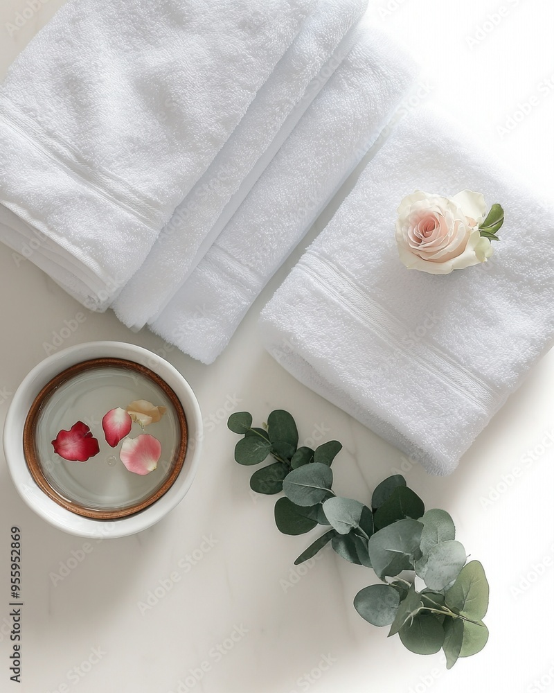 Luxurious Spa Towels: A serene and elegant still life featuring pristine white towels, a delicate rose, eucalyptus leaves, and a bowl of rose petals in water. perfect for showcasing relaxation Luxurious Spa Towels: A serene and elegant still life featuring pristine white towels, a delicate rose, eucalyptus leaves, and a bowl of rose petals in water. perfect for showcasing relaxation