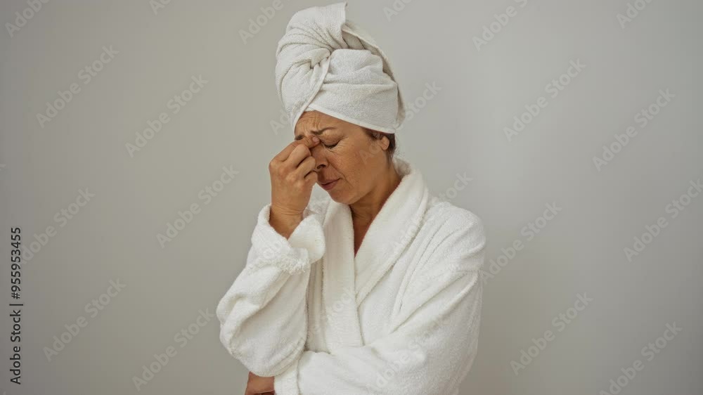 Woman in bathrobe and towel over isolated white background, rubbing eyes due to headache and stress, feeling tired, fatigued, and frustrated, middle age beauty experiencing eye ache and nose pain Woman in bathrobe and towel over isolated white background, rubbing eyes due to headache and stress, feeling tired, fatigued, and frustrated, middle age beauty experiencing eye ache and nose pain