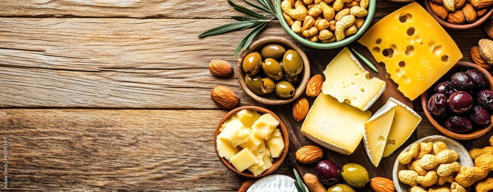 Artisan Cheese Board Bounty: A rustic, inviting spread of gourmet cheeses, olives, and nuts on a weathered wooden table, perfect for food photography, culinary blogs, or menu design. Artisan Cheese Board Bounty: A rustic, inviting spread of gourmet cheeses, olives, and nuts on a weathered wooden table, perfect for food photography, culinary blogs, or menu design.