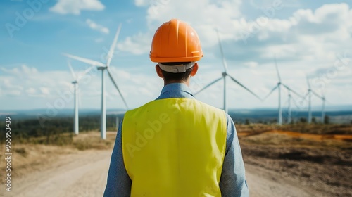 A wind turbine engineer in the middle of a wind farm, surrounded by spinning turbines, wind turbine, engineer, wind farm