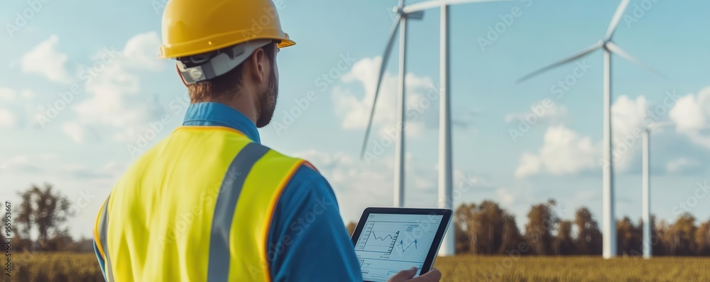 An engineer in a wind farm monitoring turbine performance on a tablet, wind turbine, engineer, tablet An engineer in a wind farm monitoring turbine performance on a tablet, wind turbine, engineer, tablet