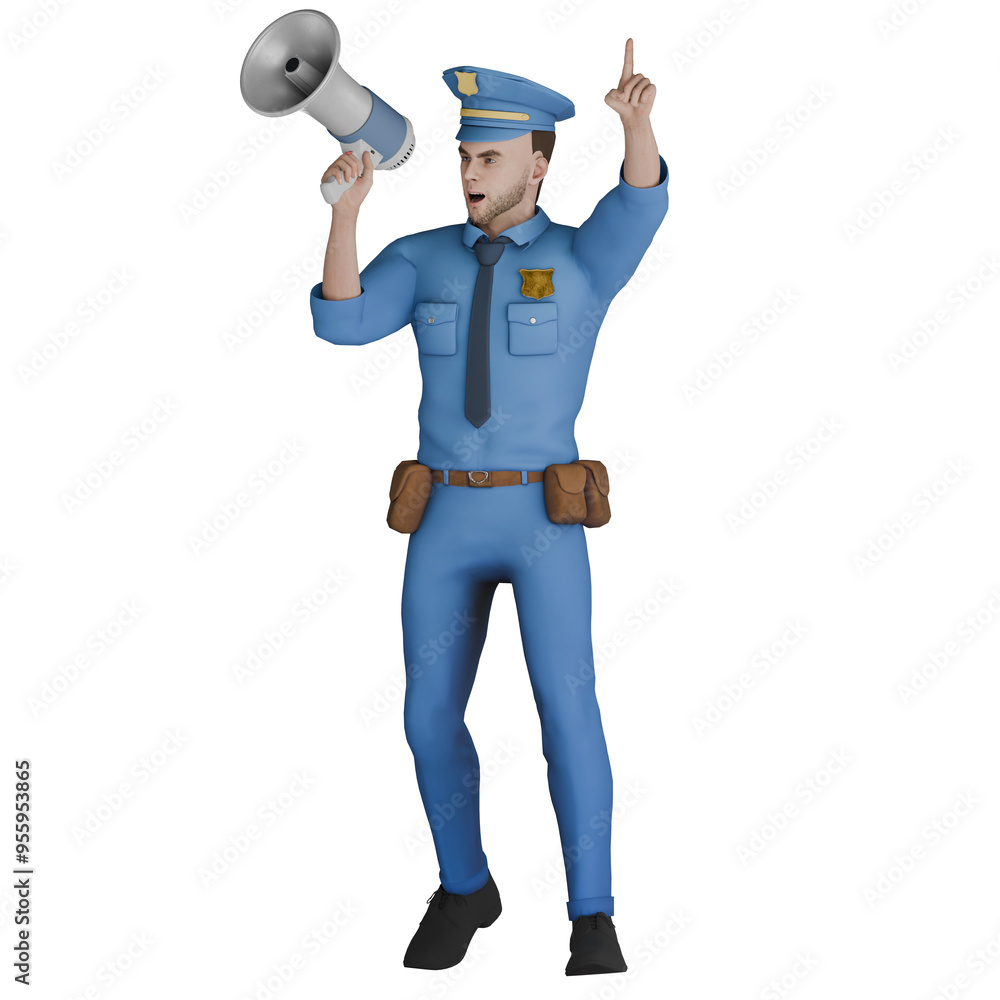Professional Male Cartoon Police in 3D. A male policeman stands with his left leg slightly raised upwards while his right hand holds the loudspeaker and his left hand points upwards. Cop Character Professional Male Cartoon Police in 3D. A male policeman stands with his left leg slightly raised upwards while his right hand holds the loudspeaker and his left hand points upwards. Cop Character