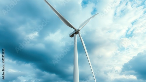 An engineer with a tool belt, standing on a turbine platform under cloudy skies, wind turbine, engineer, tool belt