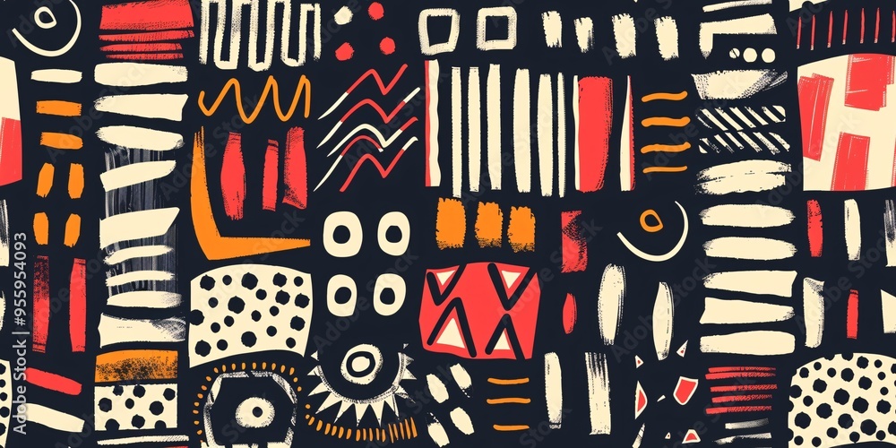 Fototapeta premium Modern abstract textile design featuring a continuous striped pattern interwoven with geometric shapes.