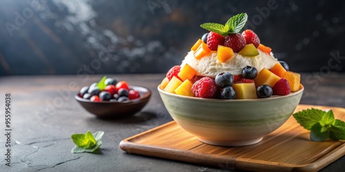 Bingsu dessert with mixed fruit toppings on background, Bingsu, dessert, Korean, shaved ice, fruit, mixed fruit, refreshing photo