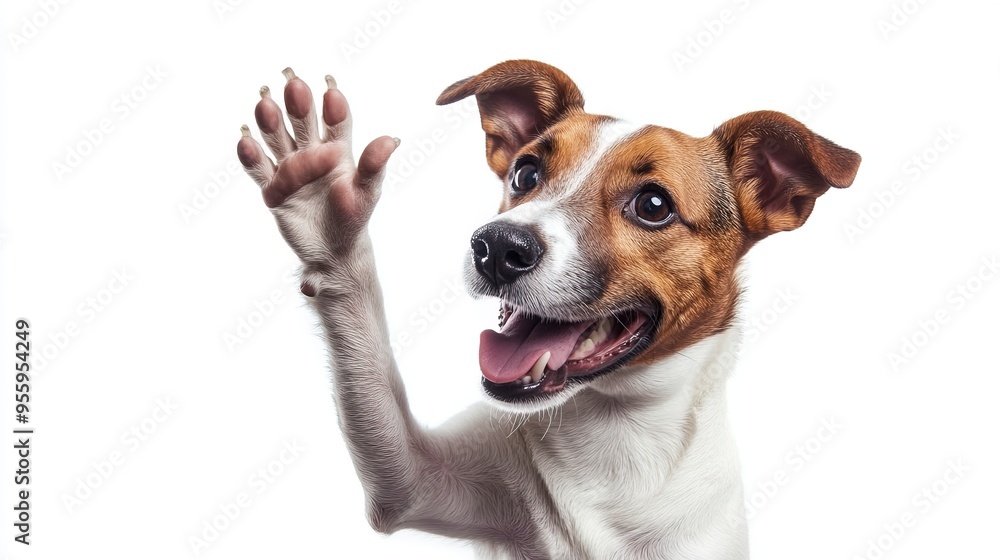 happy dog giving a high five isolated on white, with copy space area. happy dog giving a high five isolated on white, with copy space area.