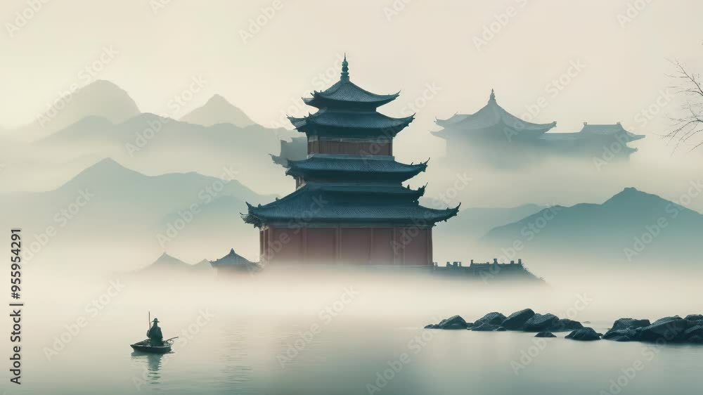 Misty Mountains and Ancient Temple in Traditional Chinese Landscape Painting Misty Mountains and Ancient Temple in Traditional Chinese Landscape Painting