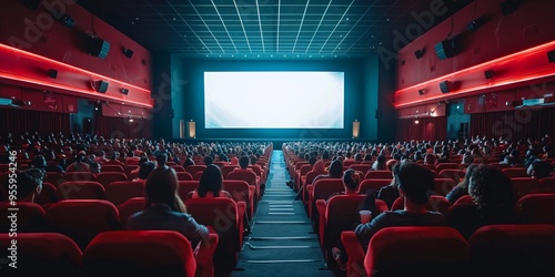 Large movie screen and individuals seated in crimson seats inside a movie theater, with blurred figures observing the film. photo