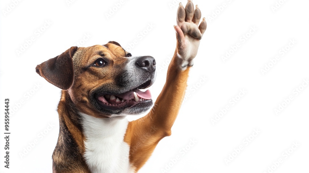 happy dog giving a high five isolated on white, with copy space area. happy dog giving a high five isolated on white, with copy space area.