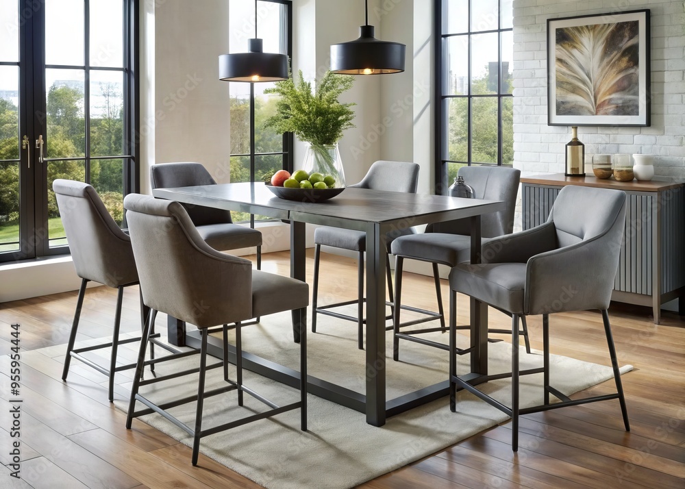 Fototapeta premium In a modern pub-inspired setting, a minimalist black metal dining table and plush gray chairs converge, creating a
