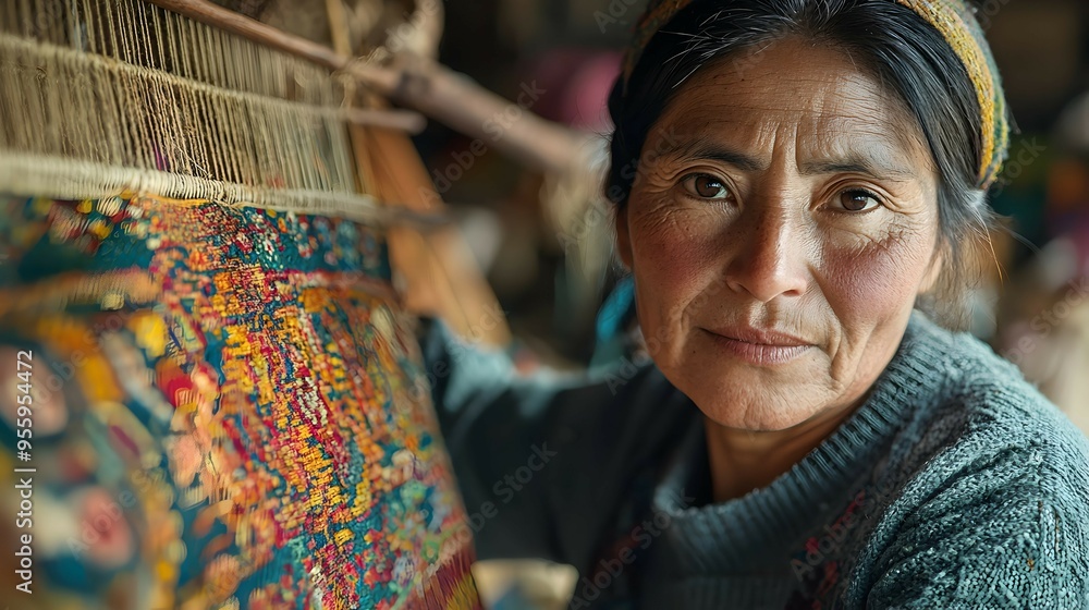 Close Up Portrait of a Woman Weaving a Colorful Rug Close Up Portrait of a Woman Weaving a Colorful Rug