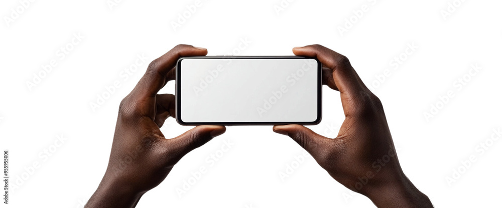 Close-up of hand holding and pointing at blank screen mobile phone Isolated on a white background Close-up of hand holding and pointing at blank screen mobile phone Isolated on a white background