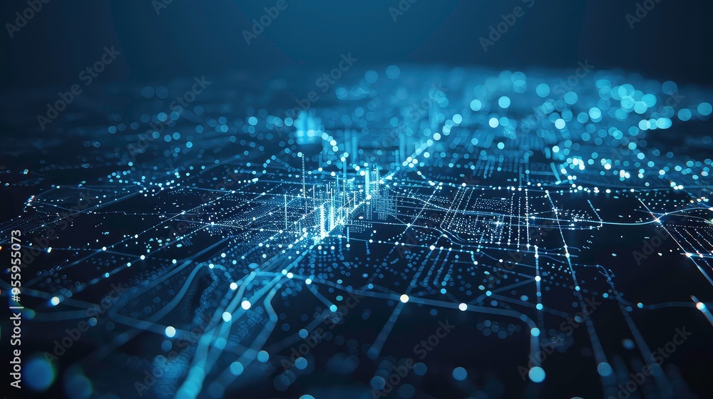 Abstract glowing city map with lines and dots. Abstract glowing city map with lines and dots.