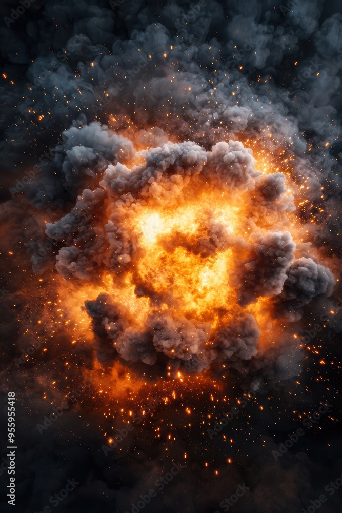 A dramatic explosion with fiery colors and dense smoke, capturing the raw power and intensity of a massive blast. A dramatic explosion with fiery colors and dense smoke, capturing the raw power and intensity of a massive blast.