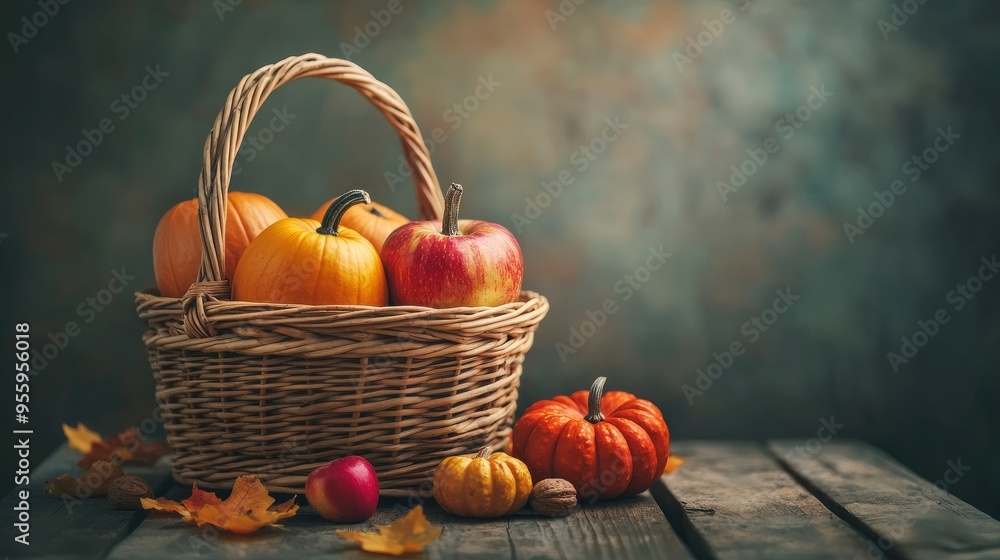 Thanksgiving day background with empty copy space. Pumpkin harvest in wicker basket. Squash, orange vegetable autumn fruit, apples, and nuts on a wooden table. with generative ai Thanksgiving day background with empty copy space. Pumpkin harvest in wicker basket. Squash, orange vegetable autumn fruit, apples, and nuts on a wooden table. with generative ai