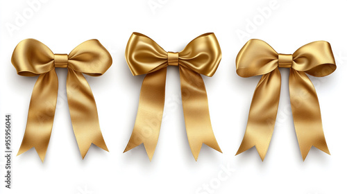 Set of luxurious golden bows with smooth ribbons, perfect for decoration, gifts, and special occasions.