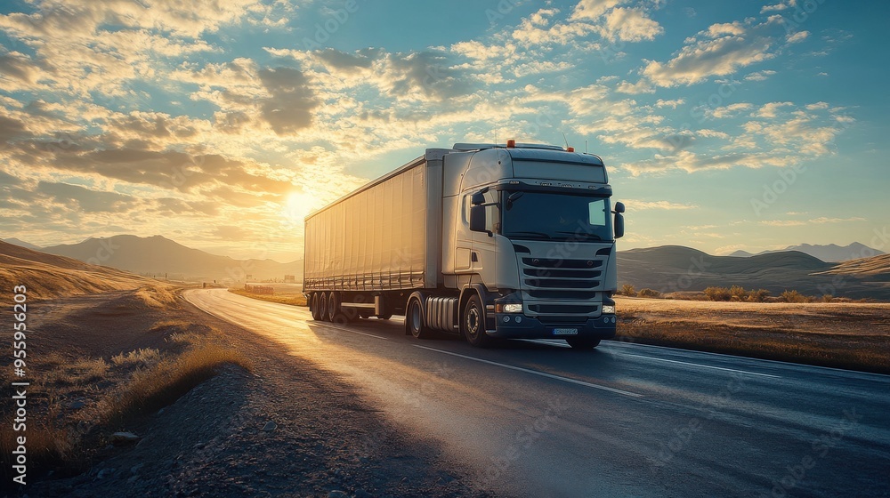 Semi-truck drives on a winding road through a mountain pass at sunset. Semi-truck drives on a winding road through a mountain pass at sunset.
