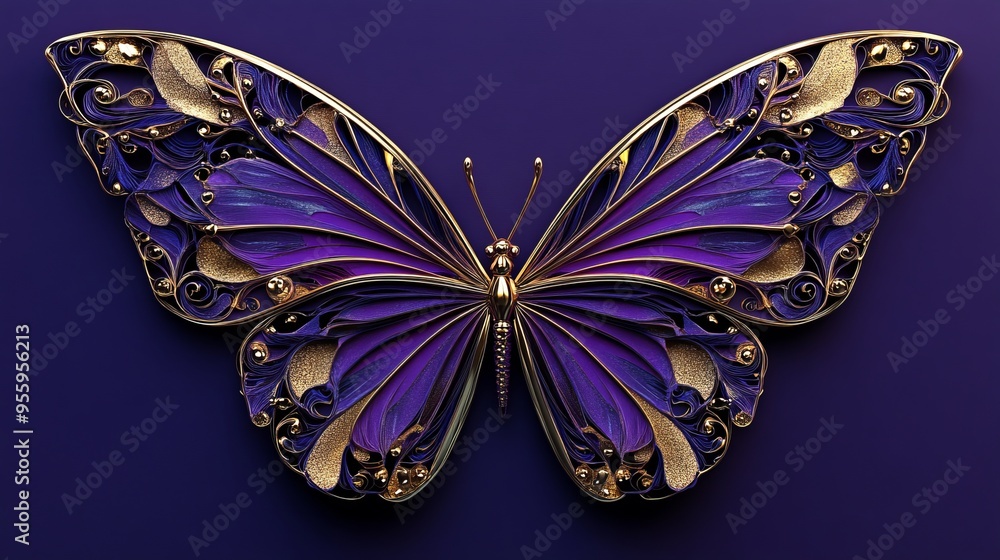Enchanting 3D Butterfly Wings with Gold Details on Luxurious Purple Background Enchanting 3D Butterfly Wings with Gold Details on Luxurious Purple Background