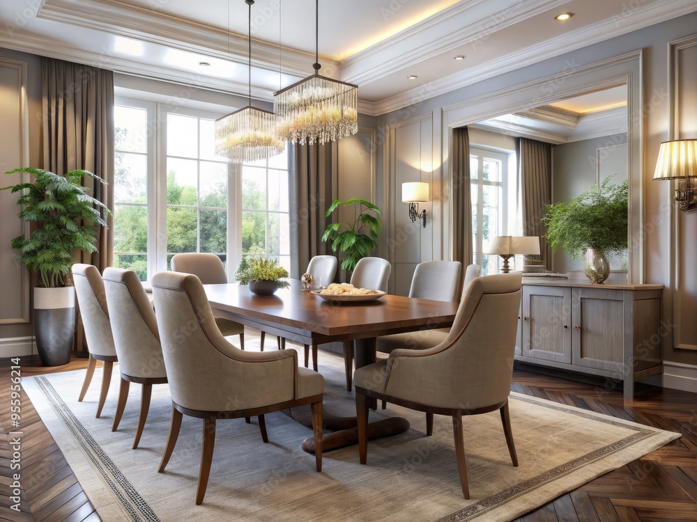 Fototapeta premium In this chic modern dining space, comfortable upholstered chairs surround a classic wooden table, while an elegant