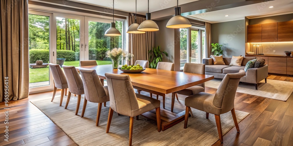 In this inviting dining room, a stylish modern wooden table is complemented by comfortable chairs, creating a warm In this inviting dining room, a stylish modern wooden table is complemented by comfortable chairs, creating a warm
