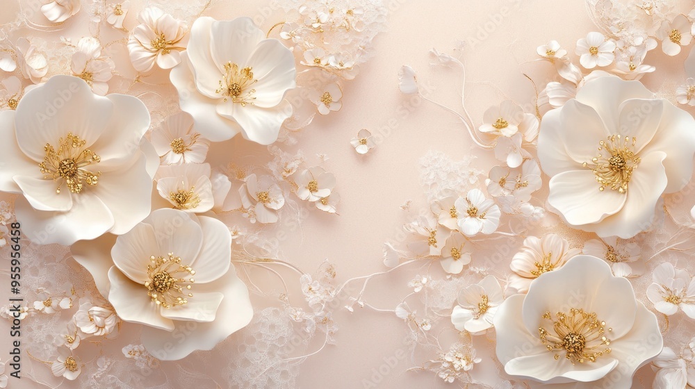 Elegant 3D Floral Lace with Gold Accents on Blush Background Elegant 3D Floral Lace with Gold Accents on Blush Background