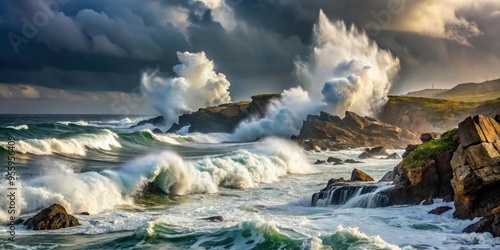 Stormy weather on the coast with powerful waves crashing against the rocky shore , coastal, storm, waves, ocean, water