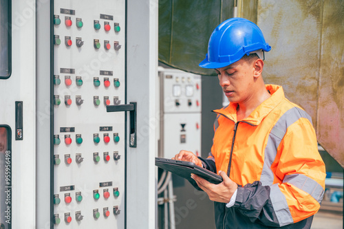 The electrician inspects a large-scale industrial electrical control system, focusing on the safety and stability of the electrical system.