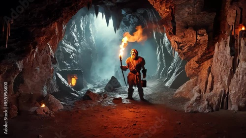 Caveman Holding Torch in Ancient Cave with Flickering Shadows and Rough Rocky Surroundings