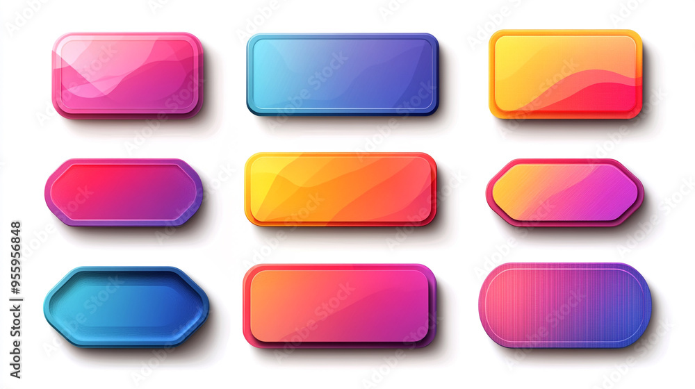 Vibrant and glossy button designs in various shapes and colors for web and mobile applications. Vibrant and glossy button designs in various shapes and colors for web and mobile applications.