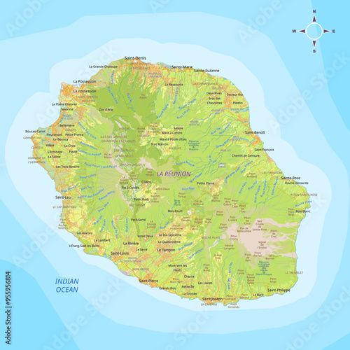 La Réunion detailed physical political map