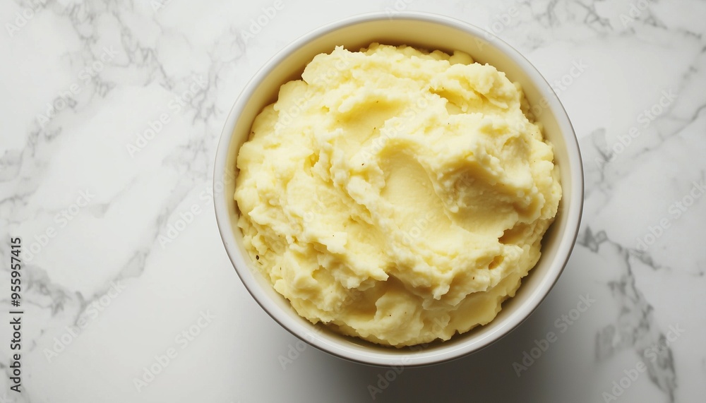 Mashed boiled potatoes or steam peel on ceramic bowl in white table for real food healthy lifestyle Mashed boiled potatoes or steam peel on ceramic bowl in white table for real food healthy lifestyle