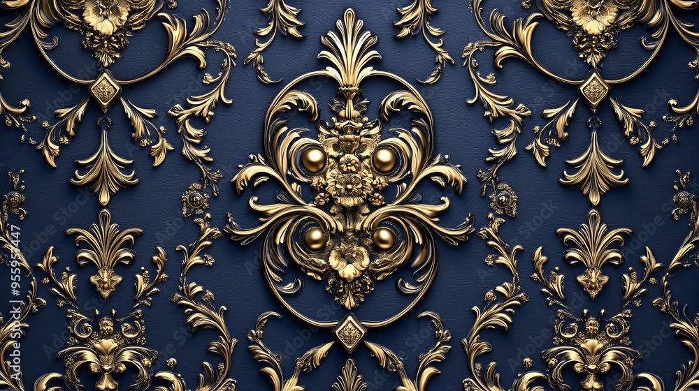 Regal Whimsy - Intricate 3D Baroque Patterns with Metallic Accents on Deep Navy Background Regal Whimsy - Intricate 3D Baroque Patterns with Metallic Accents on Deep Navy Background