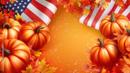 Thanksgiving day banner. Thanksgiving background with realistic 3d orange pumpkins, fall foliage, USA flag, Thanksgiving day lettering. Vector illustration with generative ai photo