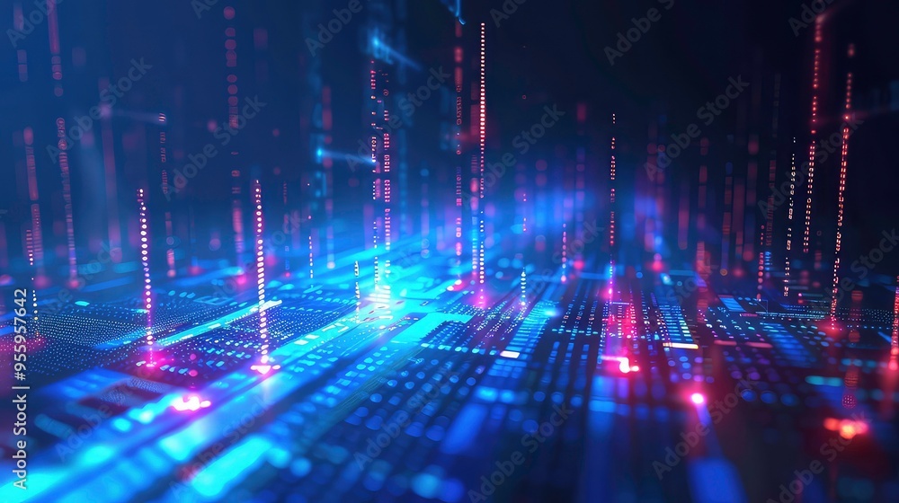 Abstract digital data streams flow over a dark cityscapes with glowing lights, a futuristic concept of data transfer. Abstract digital data streams flow over a dark cityscapes with glowing lights, a futuristic concept of data transfer.