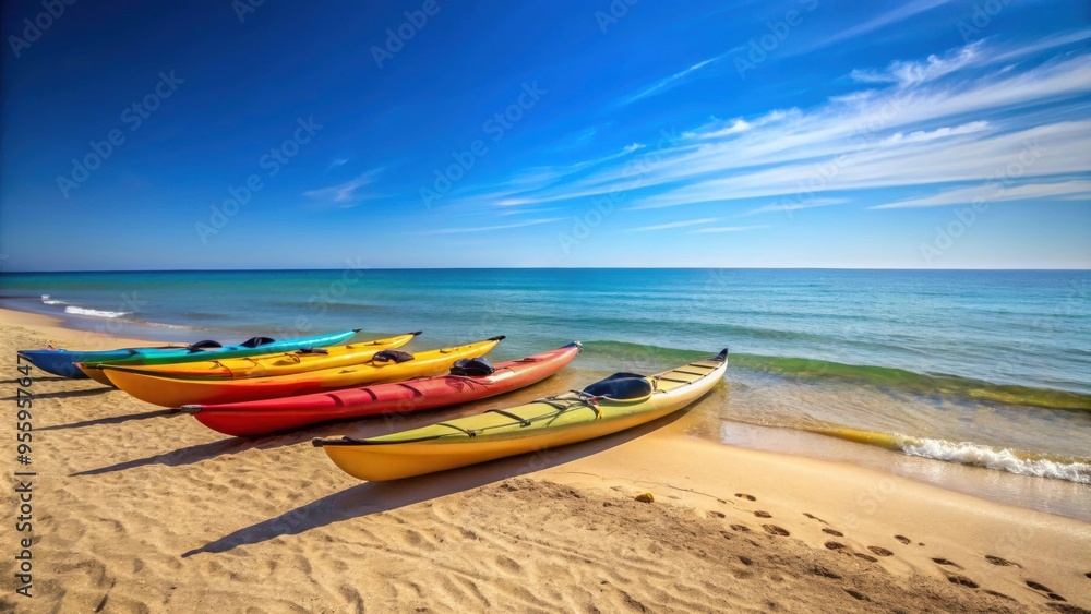 Kayaks resting on the sandy seashore under the clear blue sky, kayaks, seashore, beach, ocean, water sports Kayaks resting on the sandy seashore under the clear blue sky, kayaks, seashore, beach, ocean, water sports