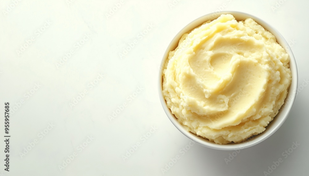 Mashed boiled potatoes or steam peel on ceramic bowl in white table for real food healthy lifestyle Mashed boiled potatoes or steam peel on ceramic bowl in white table for real food healthy lifestyle