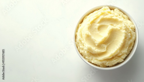 Mashed boiled potatoes or steam peel on ceramic bowl in white table for real food healthy lifestyle
