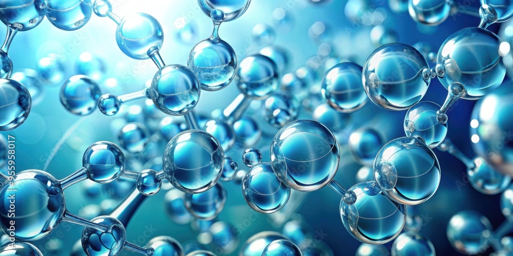 Abstract geometric pattern light blue bubbles with water molecules and clear liquid reflect on a solid background Abstract geometric pattern light blue bubbles with water molecules and clear liquid reflect on a solid background