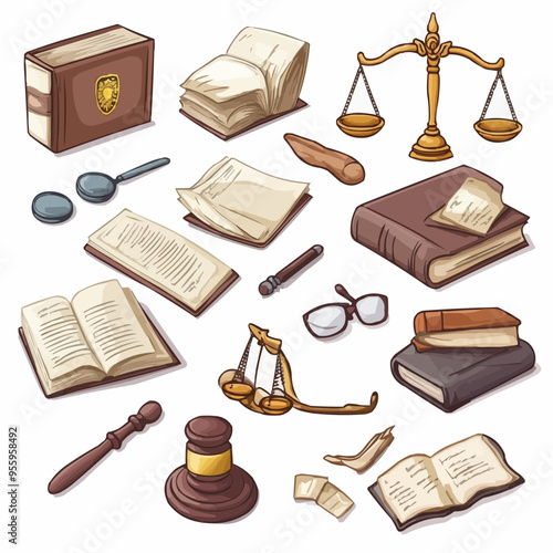 A collection of legal symbols and items representing law and justice.