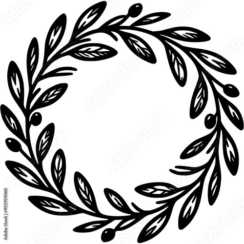 Olive wreath woven from olive branches in monochrome. Simple minimalistic vector in black ink drawing on transparent background