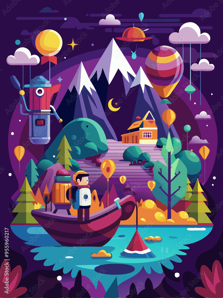 A Colorful Fantasy Landscape with a Flying Teapot, Hot Air Balloons, and a Person in a Boat A Colorful Fantasy Landscape with a Flying Teapot, Hot Air Balloons, and a Person in a Boat