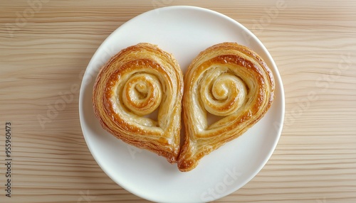 Palmier bread sugar sweet pastry traditional snack on white plate, flat lay copy space background