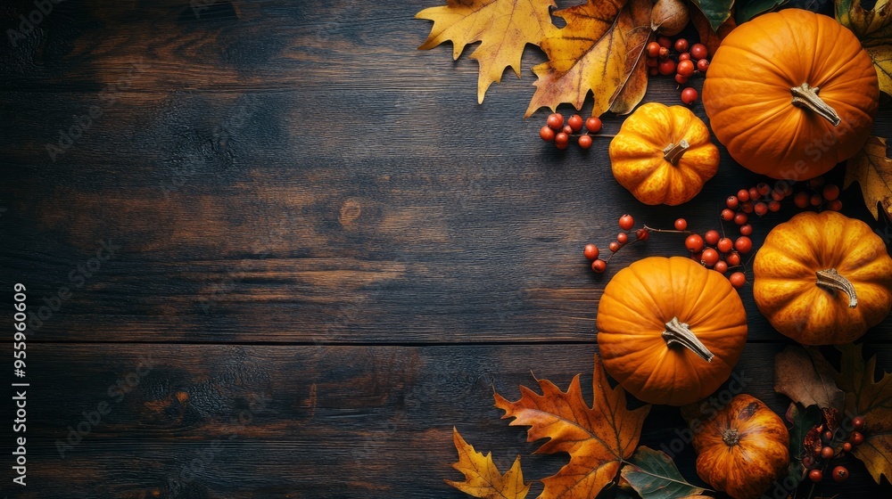 Thanksgiving or autumn scene with pumpkins, autumn leaves and berries on wooden table. Autumn background with copy space. Banner with generative ai Thanksgiving or autumn scene with pumpkins, autumn leaves and berries on wooden table. Autumn background with copy space. Banner with generative ai