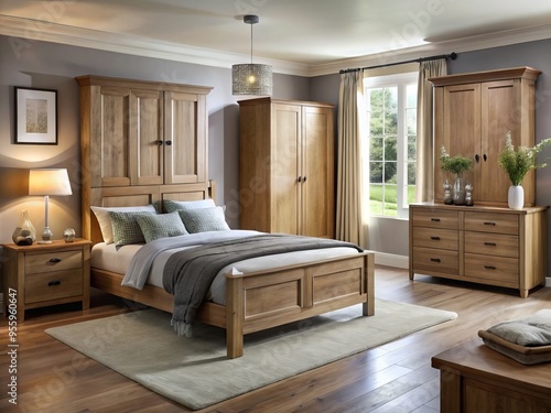 Richly grained oak bedroom furniture features a subtle smoke-tint finish that warmly invites relaxation and rest. photo